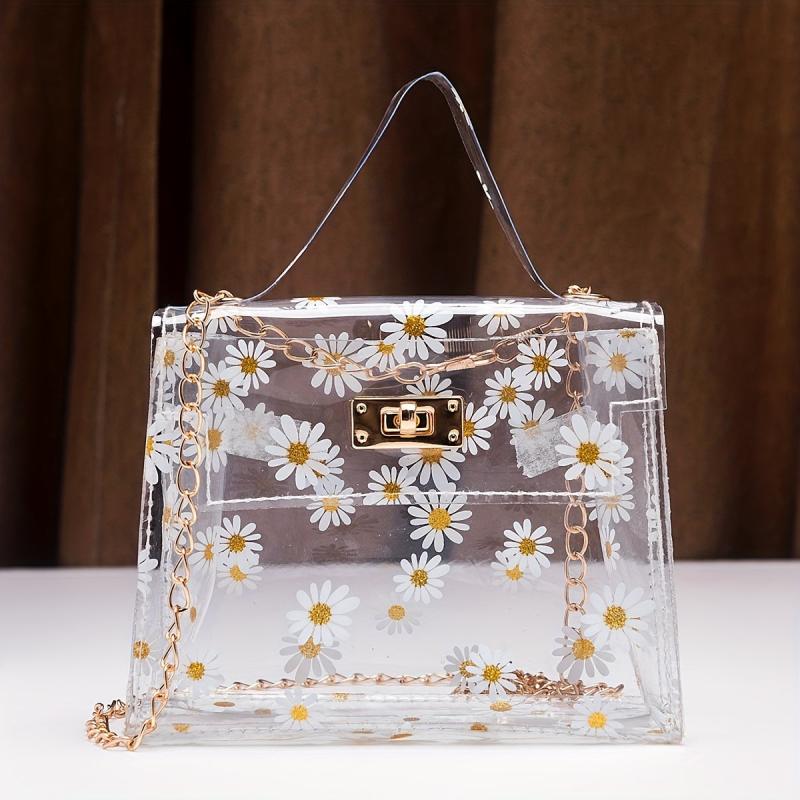 Daisy Pattern Shoulder Chain Bag Turn Lock Handbag Women's Purse