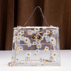 Daisy Pattern Shoulder Chain Bag Turn Lock Handbag Women's Purse