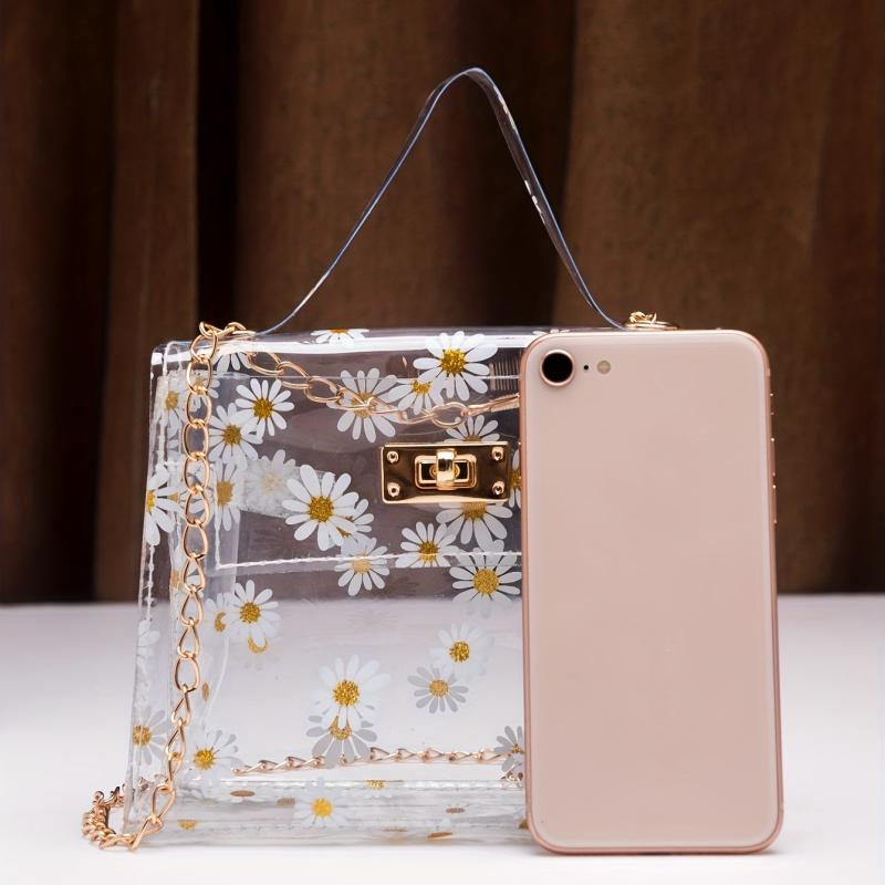 Daisy Pattern Shoulder Chain Bag Turn Lock Handbag Women's Purse