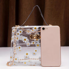 Daisy Pattern Shoulder Chain Bag Turn Lock Handbag Women's Purse