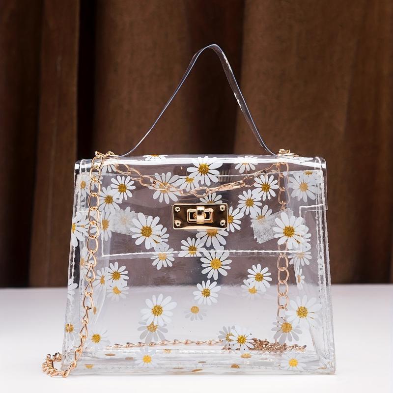 Daisy Pattern Shoulder Chain Bag Turn Lock Handbag Women's Purse