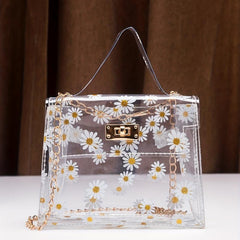 Daisy Pattern Shoulder Chain Bag Turn Lock Handbag Women's Purse
