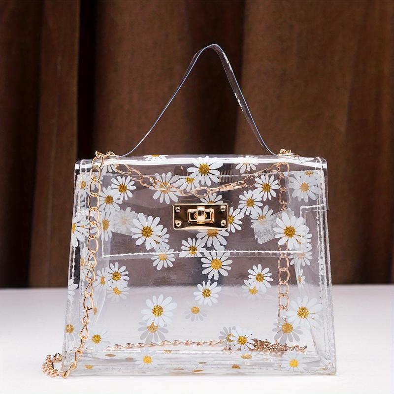 Daisy Pattern Shoulder Chain Bag Turn Lock Handbag Women's Purse