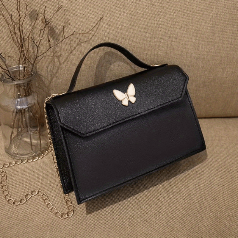 Butterfly Decor Flap Shoulder Bag PU Leather Versatile Square Handbag