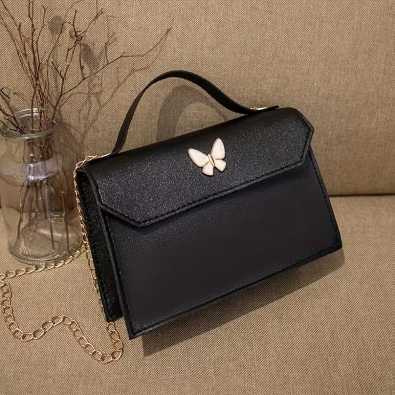 Butterfly Decor Flap Shoulder Bag PU Leather Versatile Square Handbag
