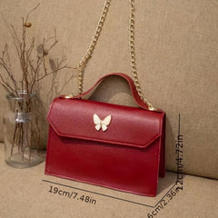 Butterfly Decor Flap Shoulder Bag PU Leather Versatile Square Handbag