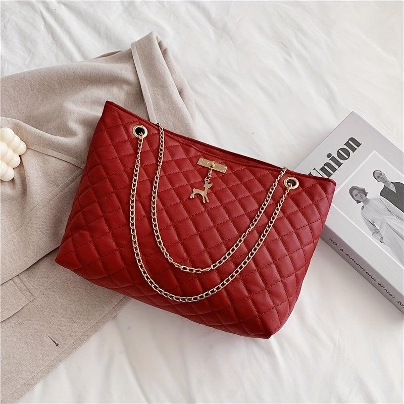 Large Capacity Solid Tote Bag Quilted Detail Chain Bag