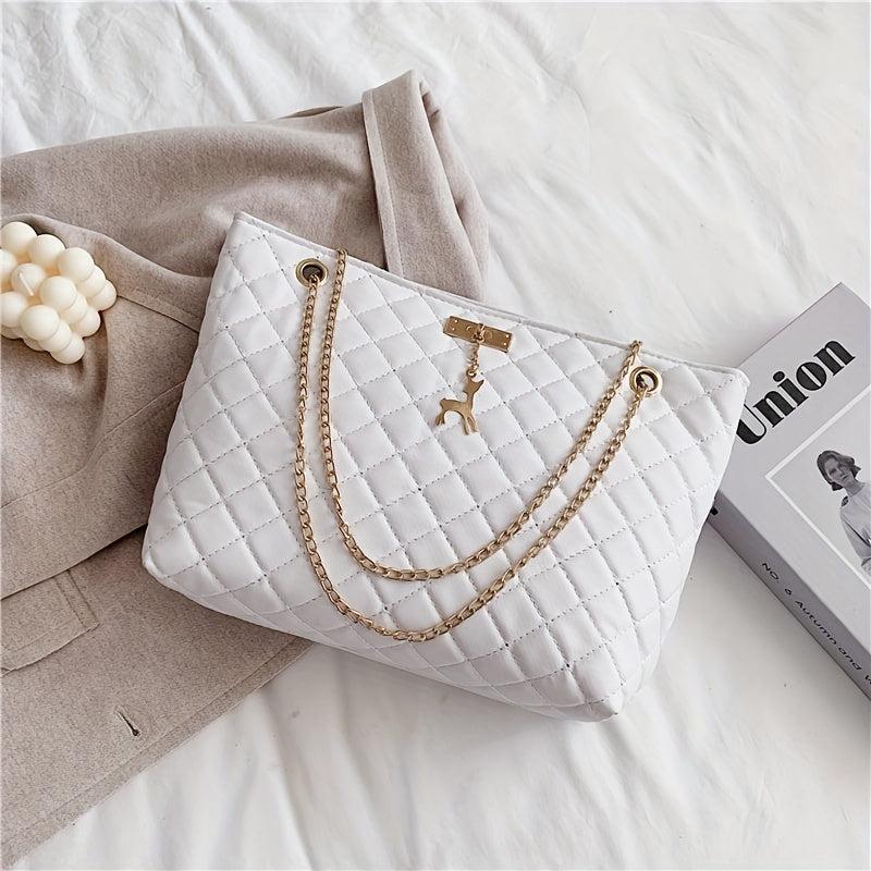 Large Capacity Solid Tote Bag Quilted Detail Chain Bag