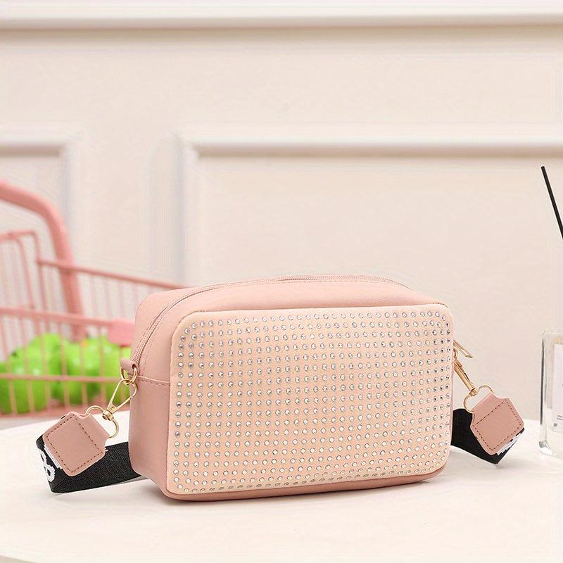 Square Crossbody Bag with Rhinestone Decor and Zipper