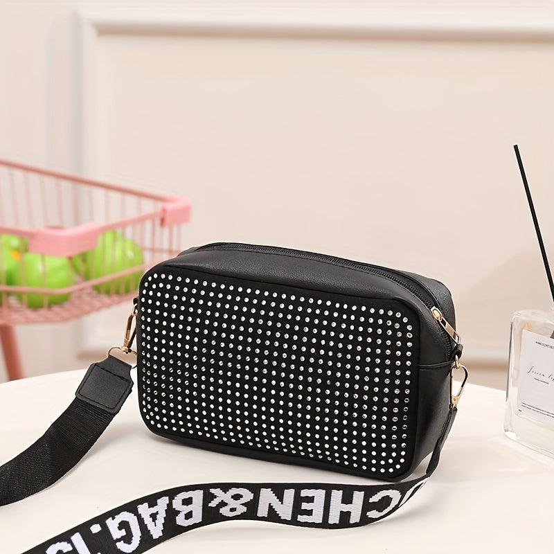 Square Crossbody Bag with Rhinestone Decor and Zipper
