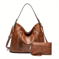 2pcs Large Capacity Tote Bag Wristlet Purse Set PU Leather Textured Shoulder Bag