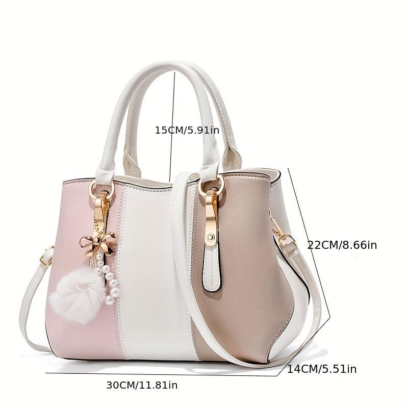 Colorblock Tote Bag Pom Pom Large Capacity Shoulder Satchel