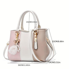 Colorblock Tote Bag Pom Pom Large Capacity Shoulder Satchel