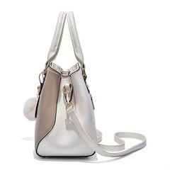 Colorblock Tote Bag Pom Pom Large Capacity Shoulder Satchel