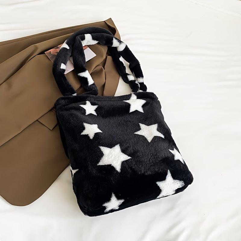 Star Pattern Plush Tote Bag Faux Fur Shoulder Bag