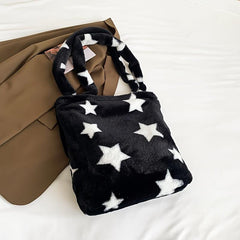Star Pattern Plush Tote Bag Faux Fur Shoulder Bag