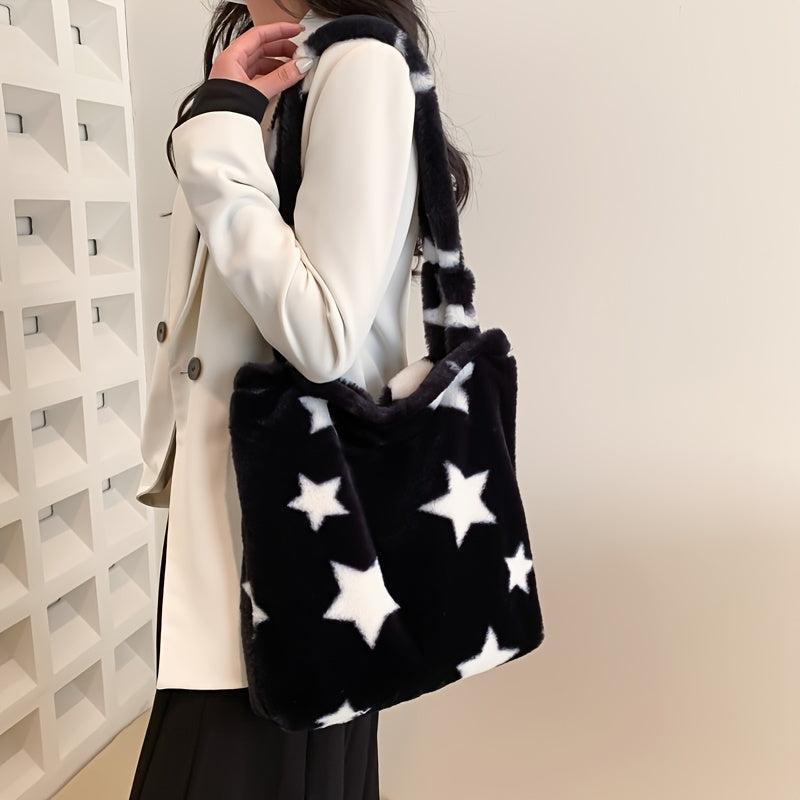 Star Pattern Plush Tote Bag Faux Fur Shoulder Bag