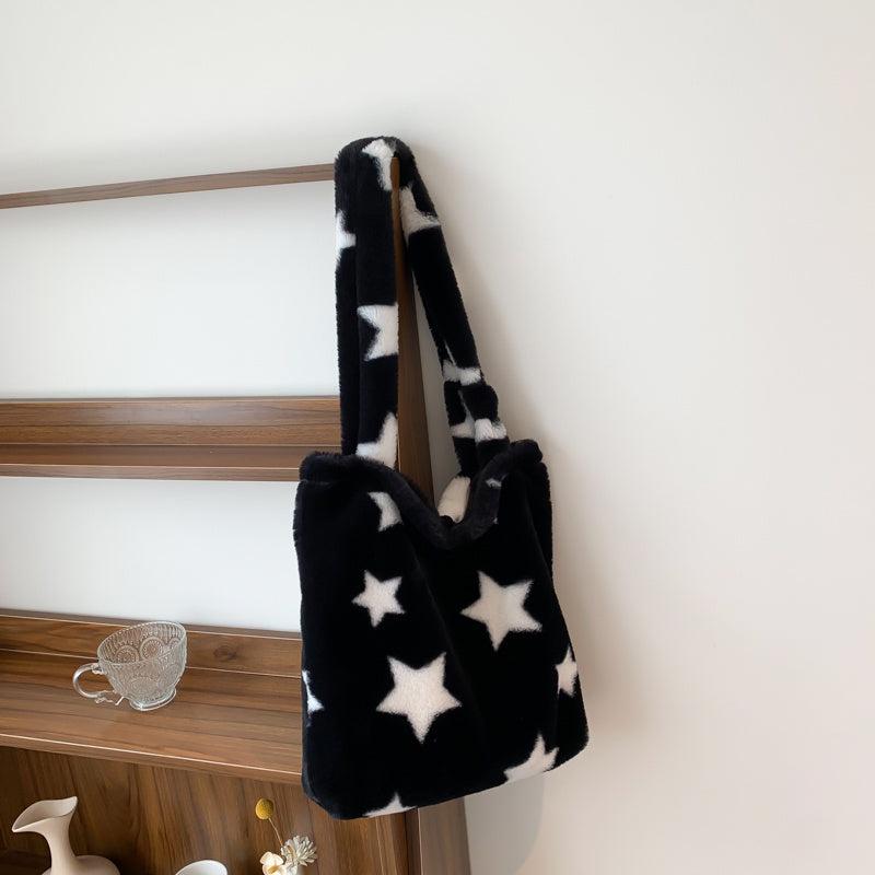 Star Pattern Plush Tote Bag Faux Fur Shoulder Bag