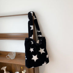 Star Pattern Plush Tote Bag Faux Fur Shoulder Bag
