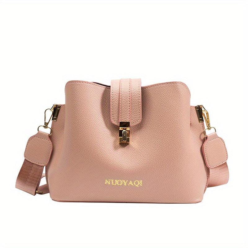 Classic Solid Bucket Bag Turn Lock Shoulder Bag Women's PU Leather Crossbody Bag