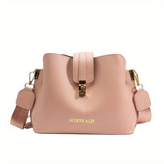 Classic Solid Bucket Bag Turn Lock Shoulder Bag Women's PU Leather Crossbody Bag