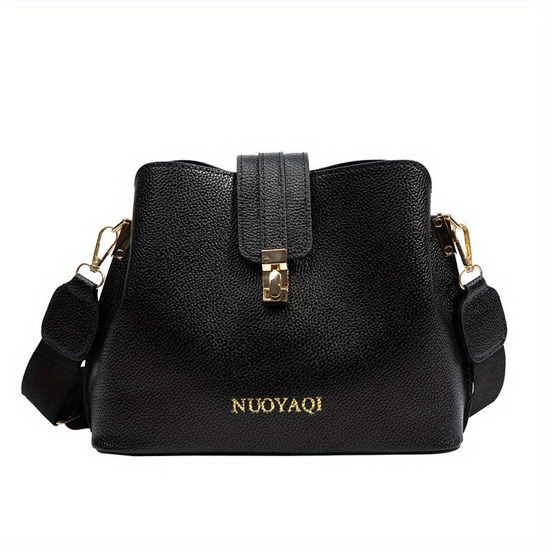Classic Solid Bucket Bag Turn Lock Shoulder Bag Women's PU Leather Crossbody Bag