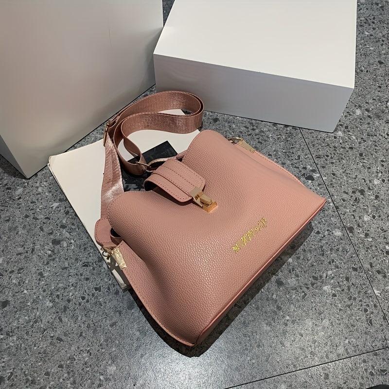 Classic Solid Bucket Bag Turn Lock Shoulder Bag Women's PU Leather Crossbody Bag
