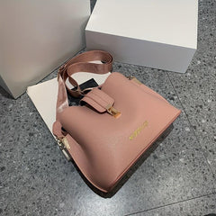 Classic Solid Bucket Bag Turn Lock Shoulder Bag Women's PU Leather Crossbody Bag