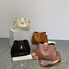 Classic Solid Bucket Bag Turn Lock Shoulder Bag Women's PU Leather Crossbody Bag