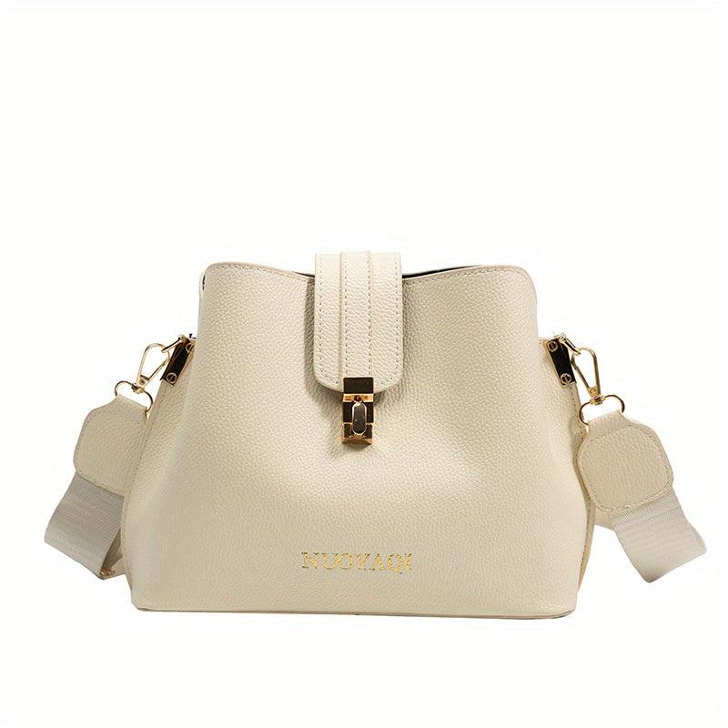 Classic Solid Bucket Bag Turn Lock Shoulder Bag Women's PU Leather Crossbody Bag