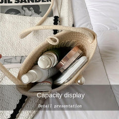 Straw Braided Casual Shoulder Bag Faux Pearl Beach Crossbody Bag