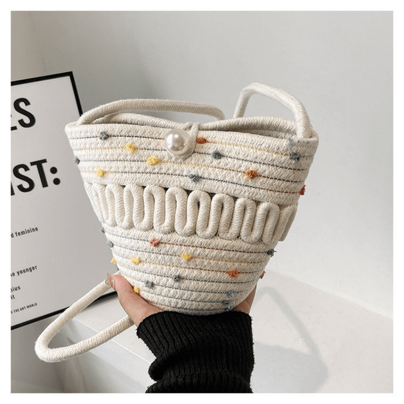 Straw Braided Casual Shoulder Bag Faux Pearl Beach Crossbody Bag