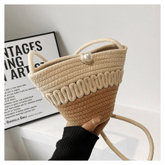 Straw Braided Casual Shoulder Bag Faux Pearl Beach Crossbody Bag