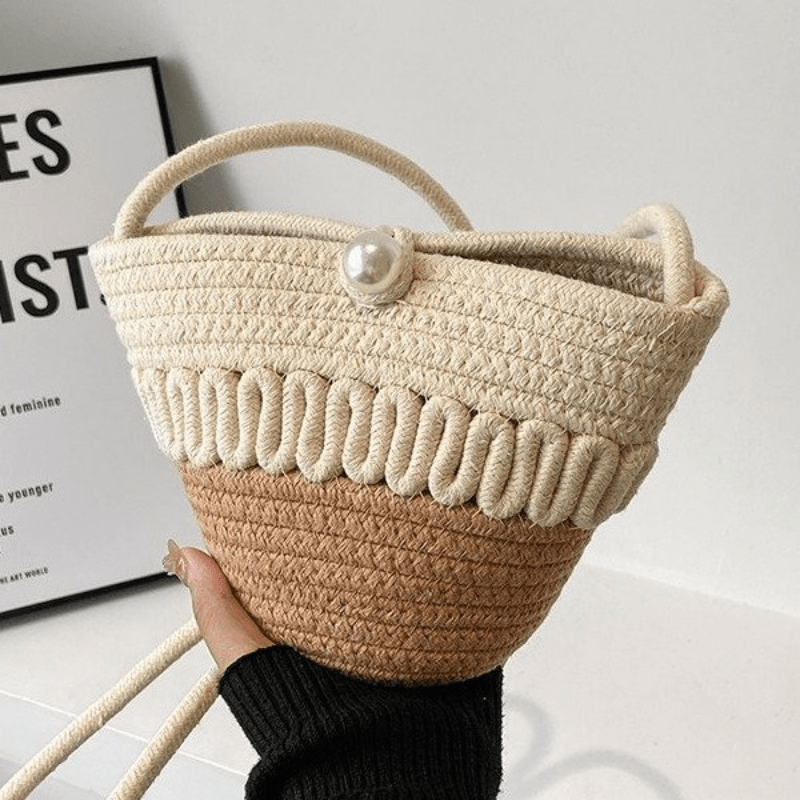 Straw Braided Casual Shoulder Bag Faux Pearl Beach Crossbody Bag