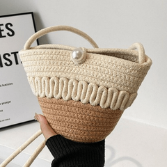 Straw Braided Casual Shoulder Bag Faux Pearl Beach Crossbody Bag
