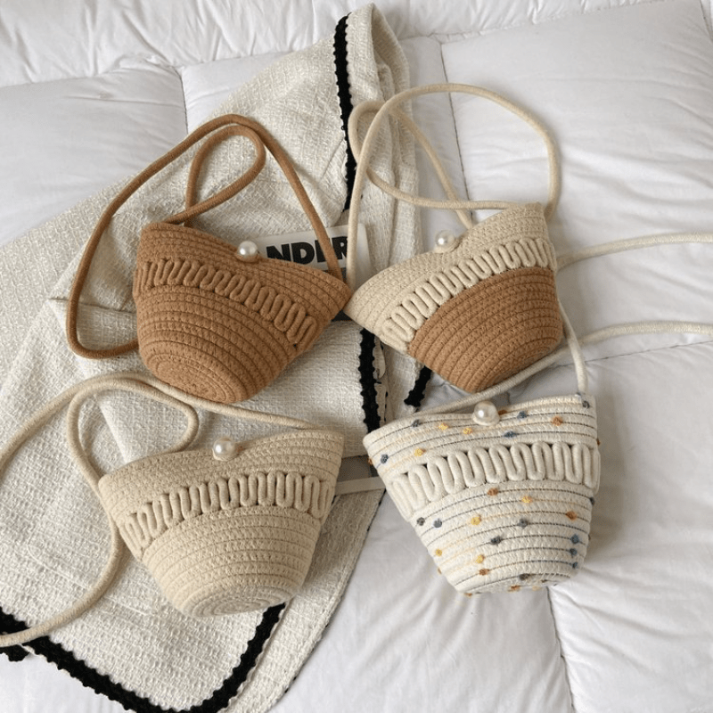 Straw Braided Casual Shoulder Bag Faux Pearl Beach Crossbody Bag