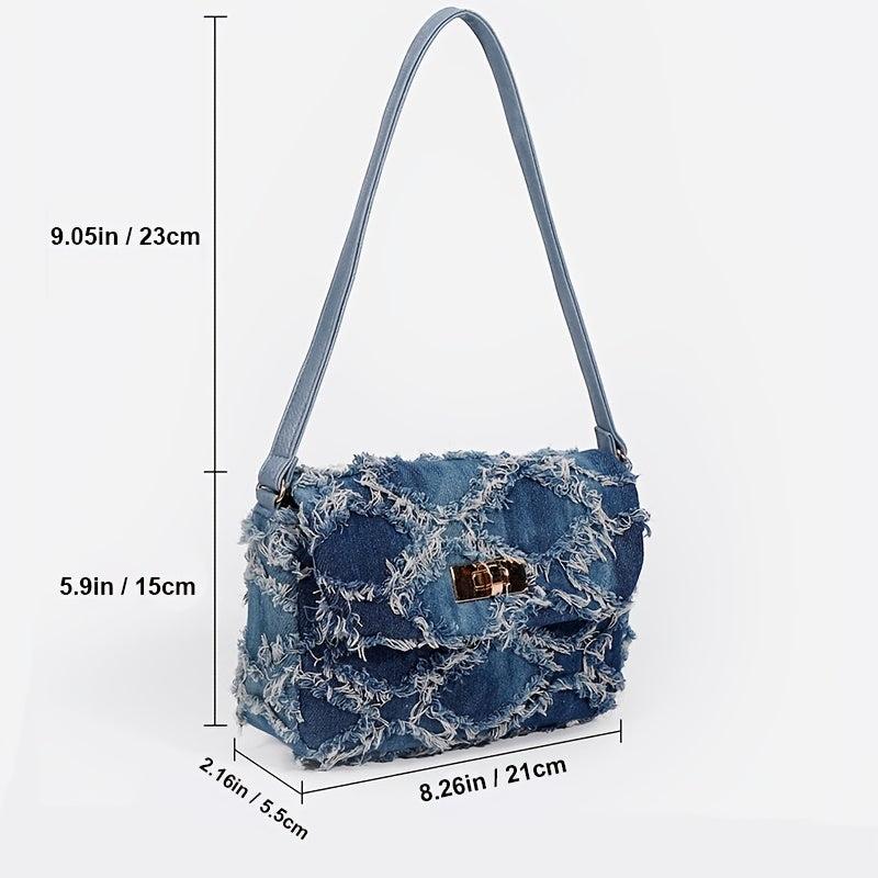 Denim Argyle Shoulder Bag Buckle Decor Flap Purse for Street Wear