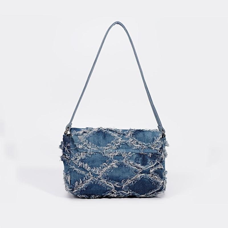Denim Argyle Shoulder Bag Buckle Decor Flap Purse for Street Wear
