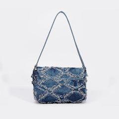 Denim Argyle Shoulder Bag Buckle Decor Flap Purse for Street Wear