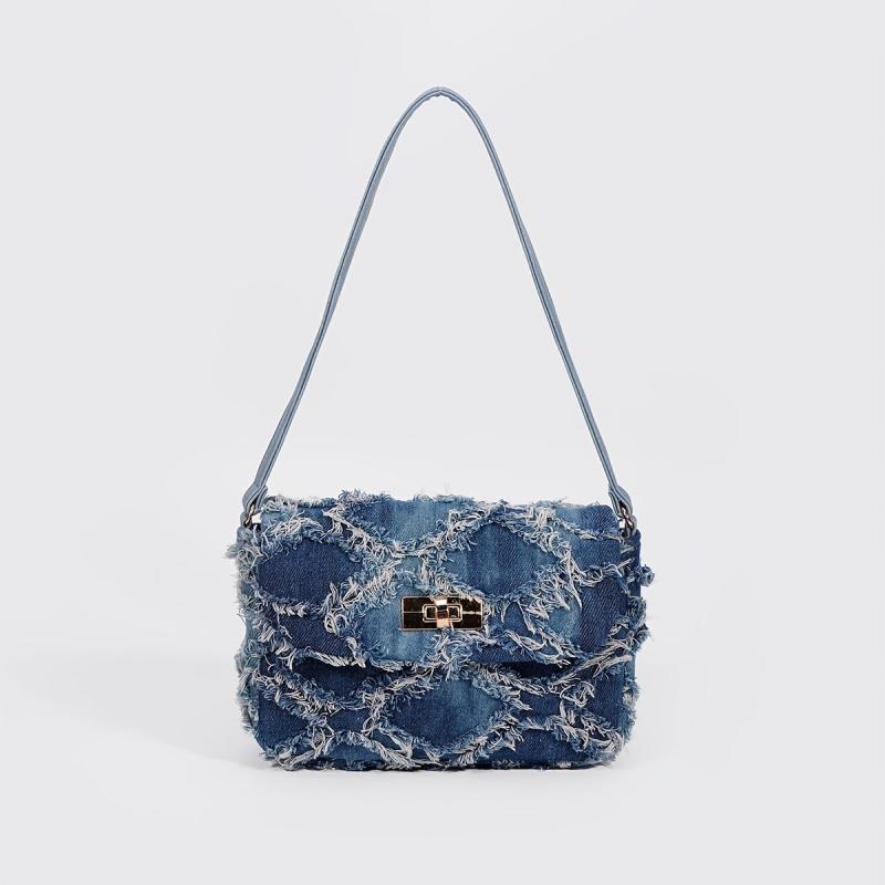 Denim Argyle Shoulder Bag Buckle Decor Flap Purse for Street Wear