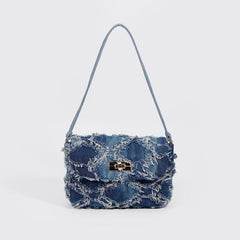 Denim Argyle Shoulder Bag Buckle Decor Flap Purse for Street Wear
