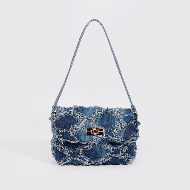 Denim Argyle Shoulder Bag Buckle Decor Flap Purse for Street Wear