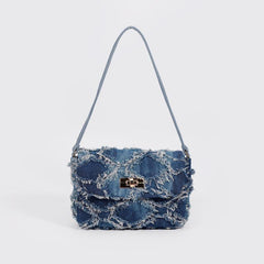 Denim Argyle Shoulder Bag Buckle Decor Flap Purse for Street Wear