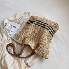 Striped Straw Woven Shoulder Bag Large Capacity Tote Bag