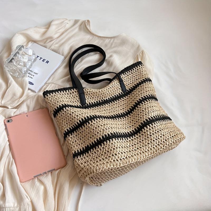 Striped Straw Woven Shoulder Bag Large Capacity Tote Bag