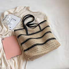 Striped Straw Woven Shoulder Bag Large Capacity Tote Bag