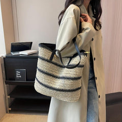 Striped Straw Woven Shoulder Bag Large Capacity Tote Bag