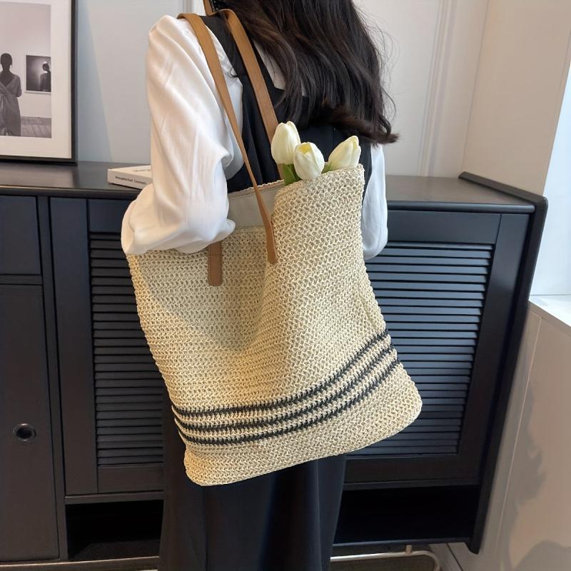 Striped Straw Woven Shoulder Bag Large Capacity Tote Bag