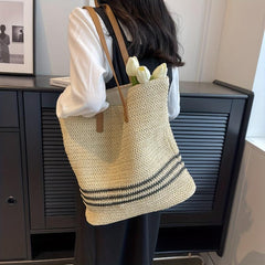 Striped Straw Woven Shoulder Bag Large Capacity Tote Bag