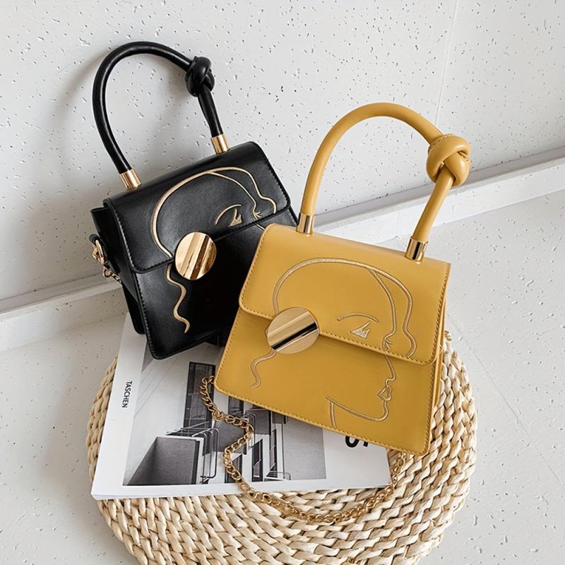 Embroidery Crossbody Bag Chain Shoulder Bag Metal Decor Handbag Purse